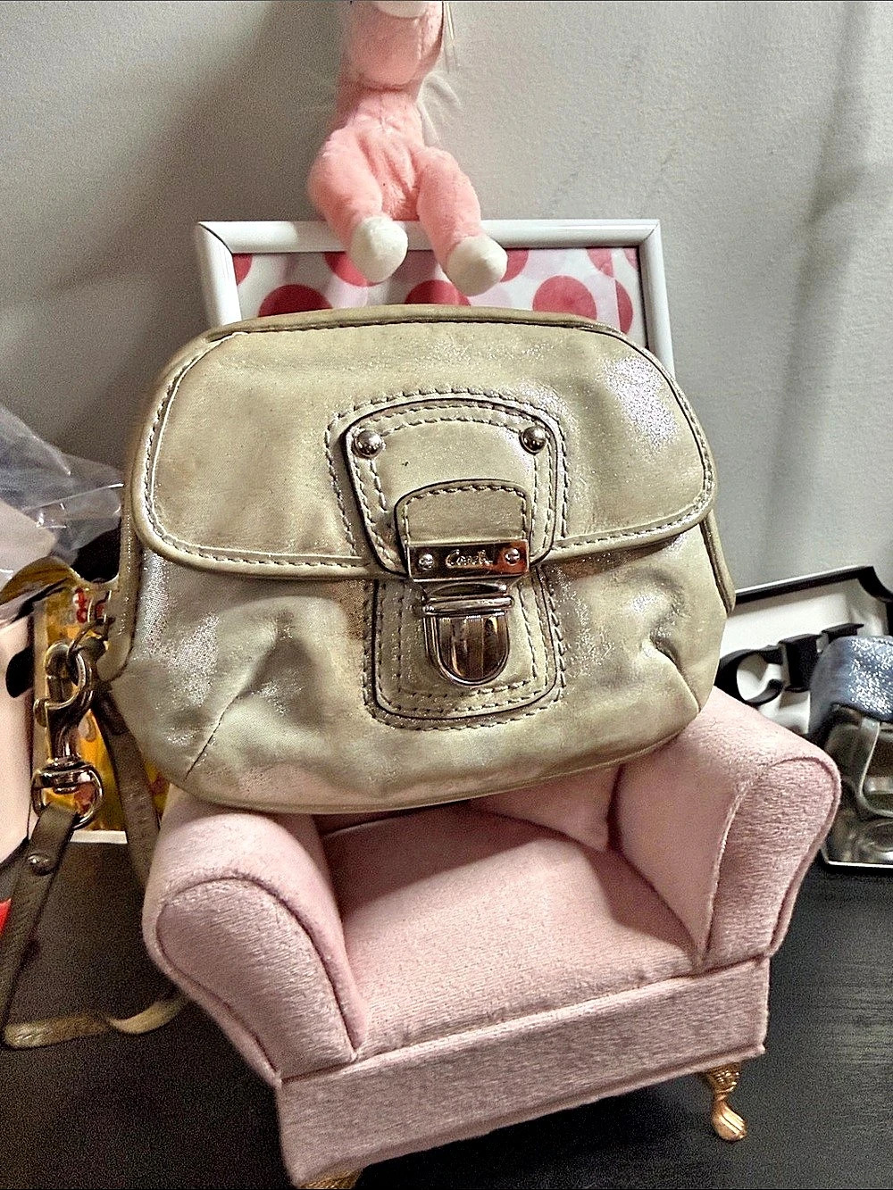 Coach Legacy Metallic Turnlock Wristlet Pouch Crossbody Bag in Cream & Grey